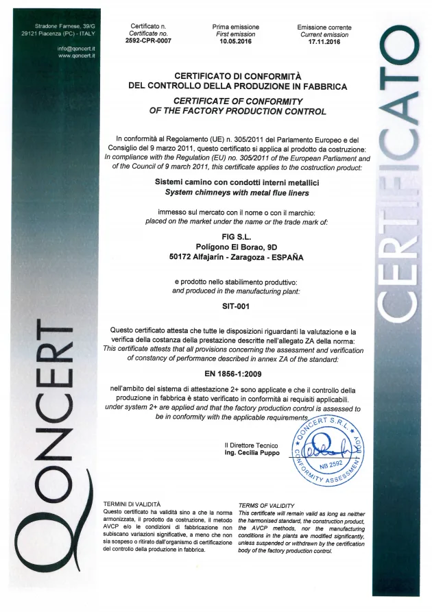 Certificato di prodotto QONCERT n. 2592-CPR-0007 per sistemi camino con canna fumaria metallica, intestato a FIG S.L., la sede spagnola del gruppo