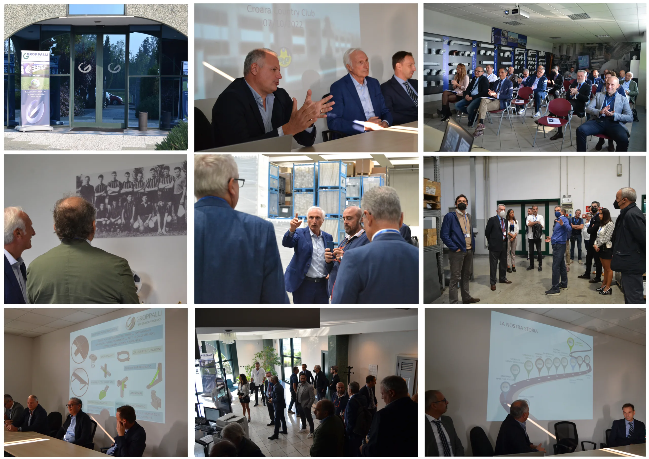 A photo collage from the open day: the entrance, the presentation sessions and visiting customers