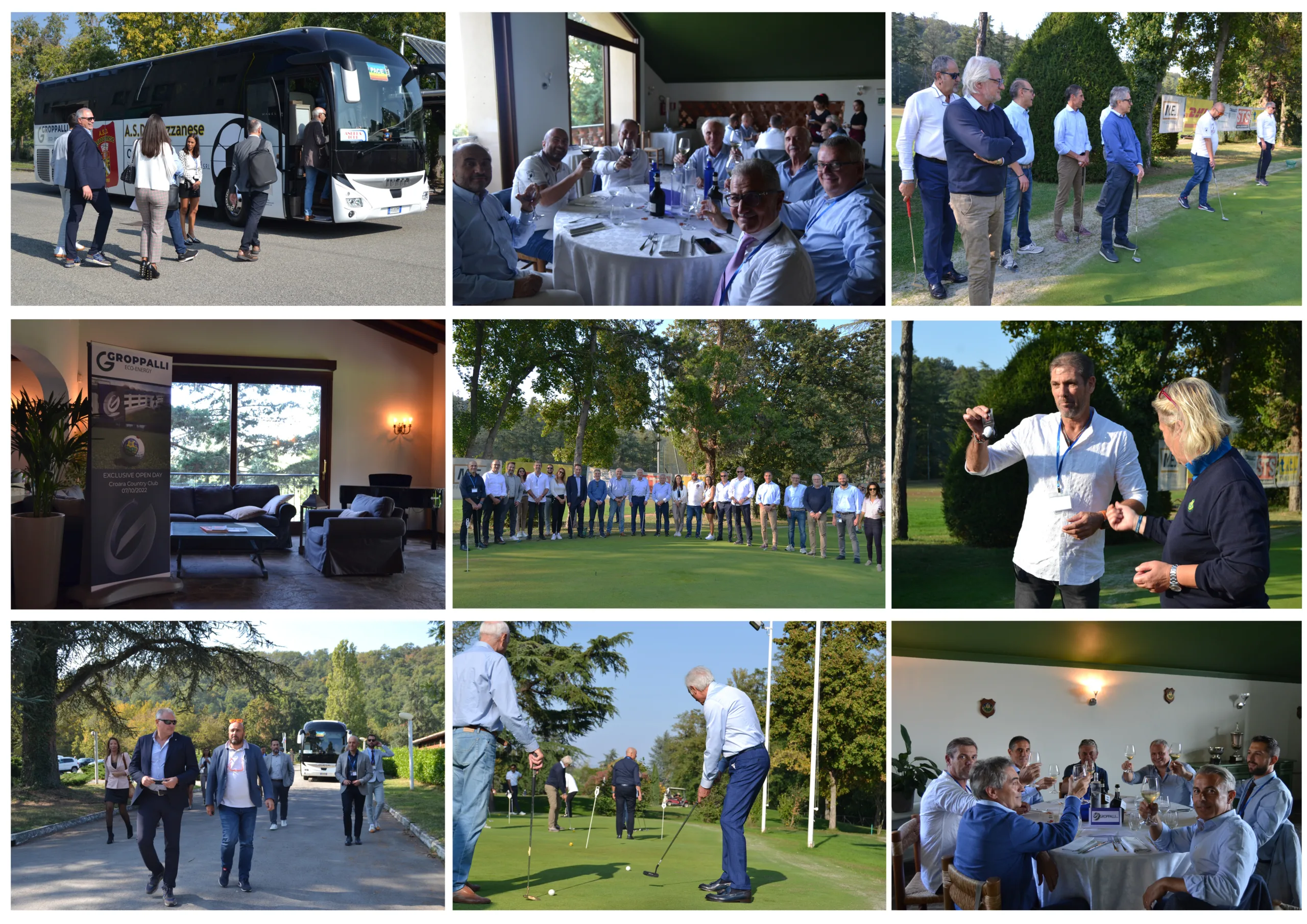 A collage of photos from the day at the Croara Country Club: the coach, lunch and the participants on the golf course