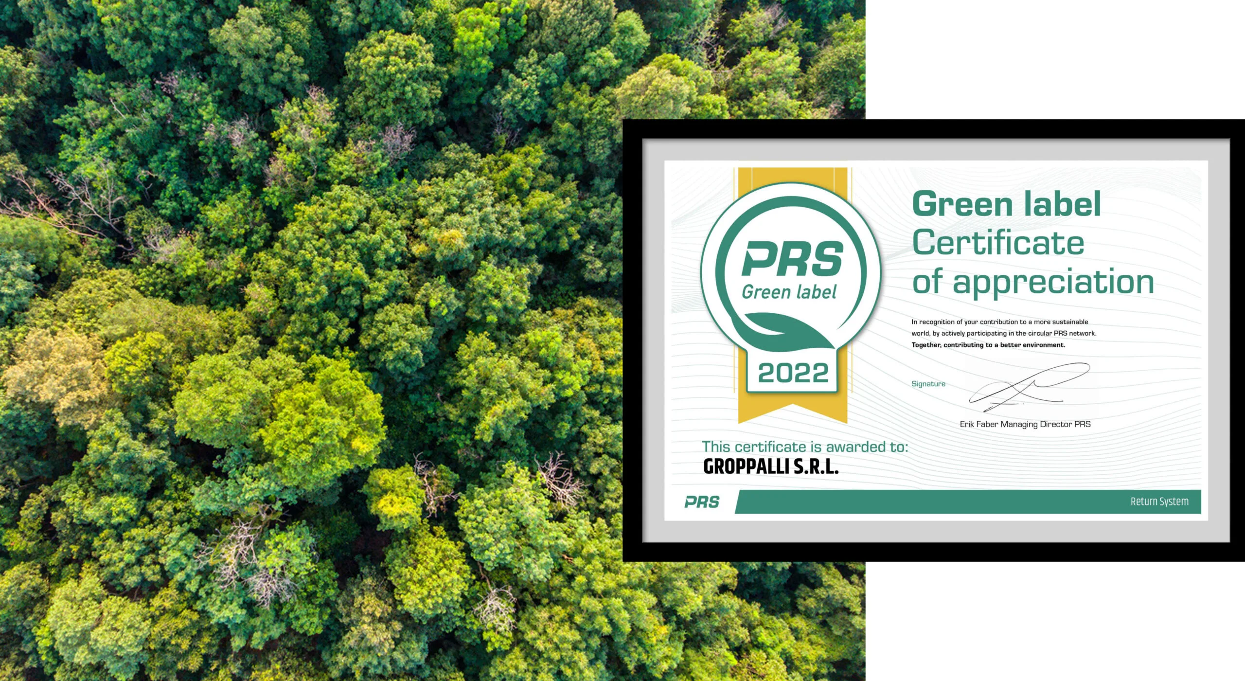 The PRS Green Label 2022 certificate awarded to Groppalli S.r.l., superimposed on an aerial view of a woodland