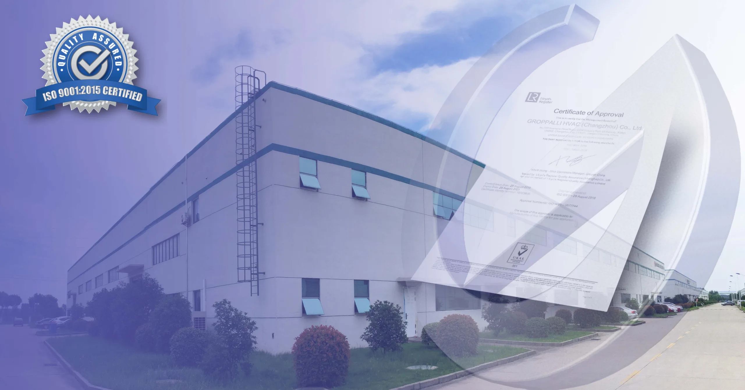 The Groppalli factory, bearing the ISO 9001:2015 mark and the transparency certificate