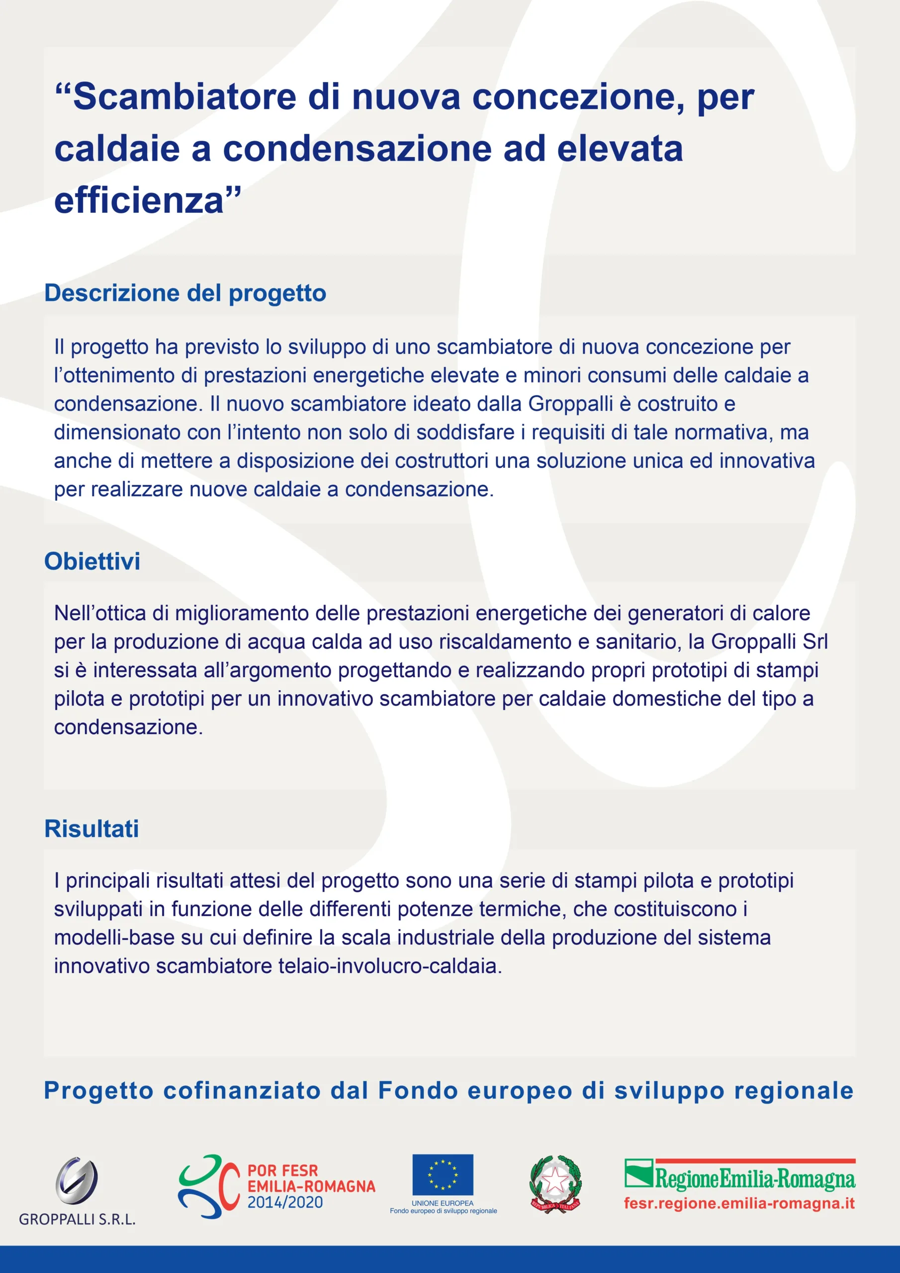 Poster for the project ‘New-concept heat exchanger for high-efficiency condensing boilers’, including a description, objectives and results; the full text can be found in the body of the news item