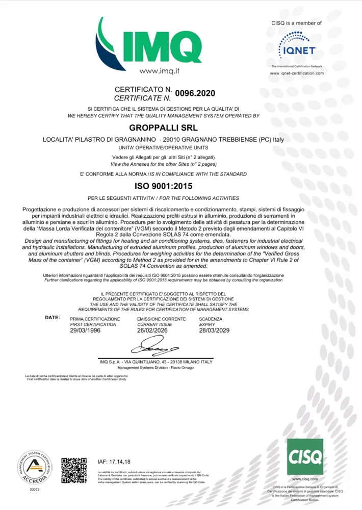Certificato ISO 9001 rilasciato a Groppalli da IMQ, n. 0096.2020