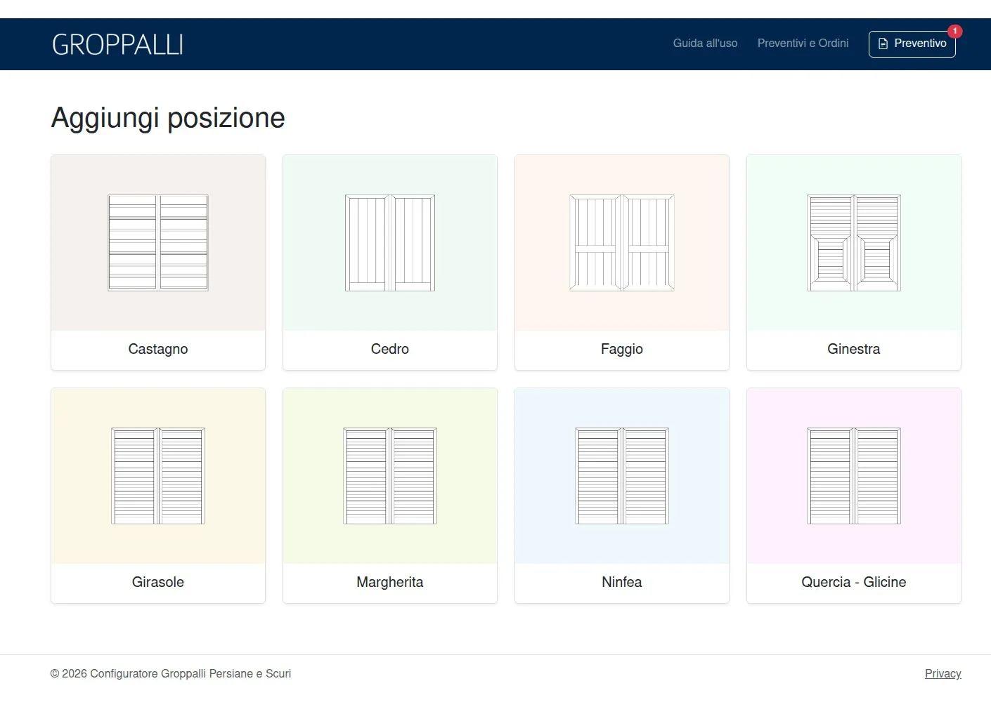 Catalogo del configuratore con gli otto modelli di persiane e scuri