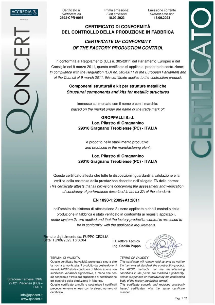 Certificato EN 1090 dei sistemi di fissaggio Groppalli