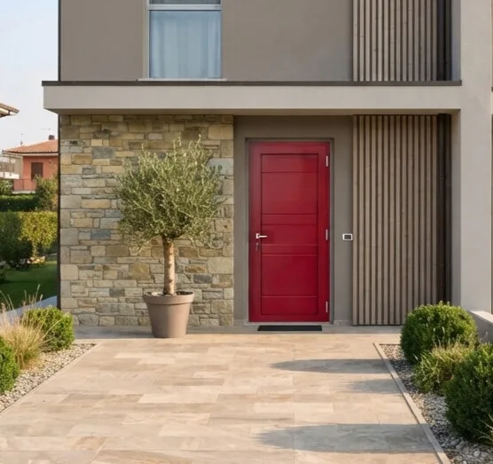 Portoncino d’ingresso rosso su villa moderna
